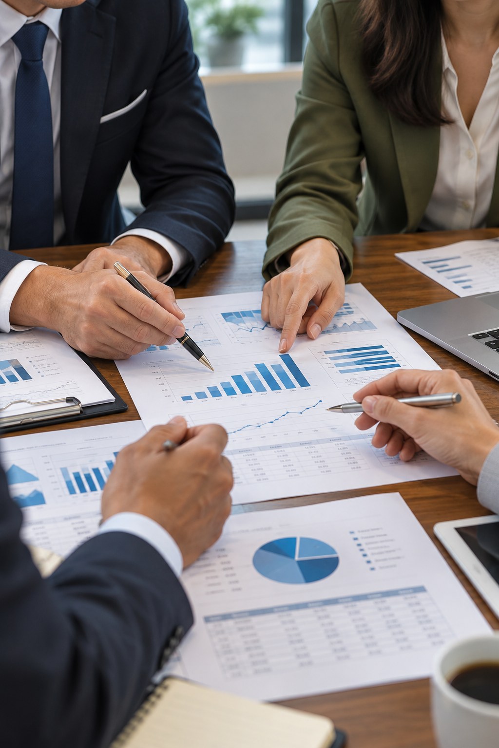 Profissionais analisando gráficos financeiros em uma reunião