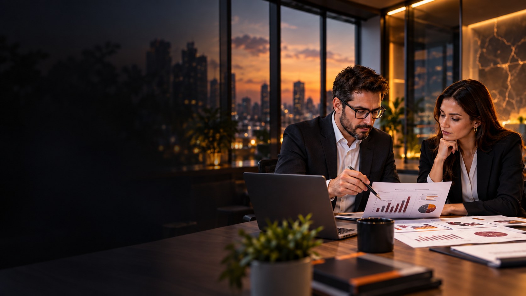 Profissionais analisando gráficos financeiros em uma reunião ao entardecer