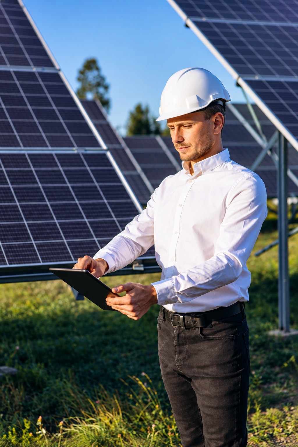 Engenheiro inspecionando painéis de um parque solar com um tablet